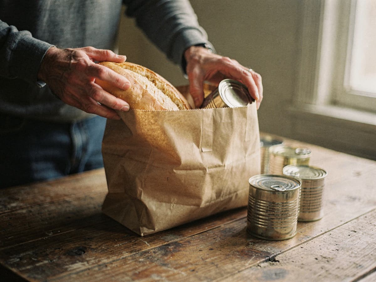 Two hands packing a loaf of bread and tins into a brown paper grocery bag on a wooden table.